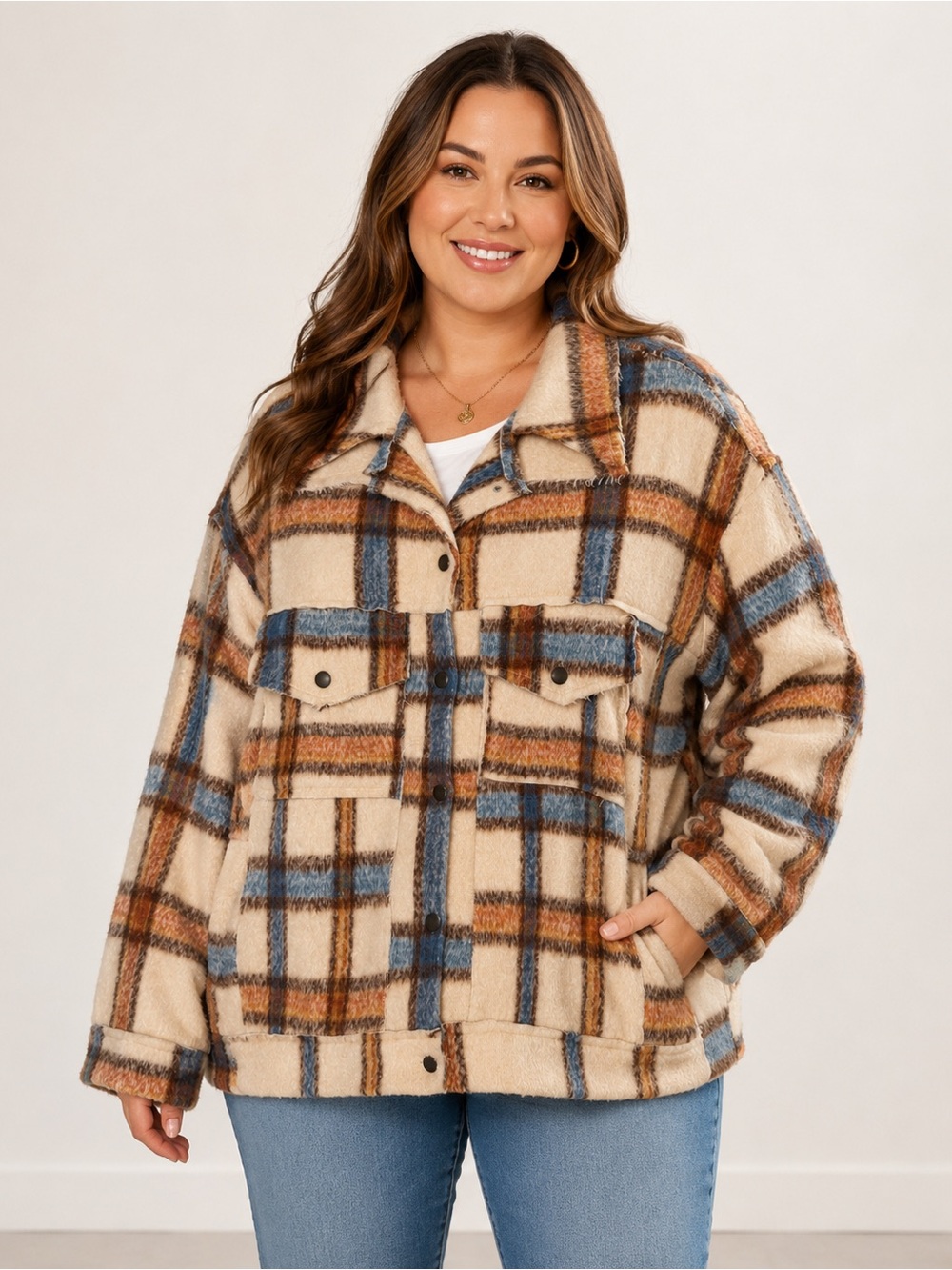 POL Women’s Beige Orange Blue Plaid Distressed Shacket Jacket Size Large